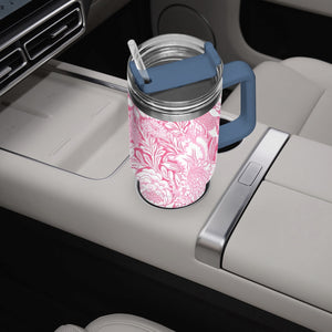 Pink and White Floral Design Pattern 40oz Car Tumbler Cup, Large Water Tumbler with Handle, Gift Idea for Christmas, Birthday, Bestie, Coworker