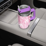 Pink and White Floral Design Pattern 40oz Car Tumbler Cup, Large Water Tumbler with Handle, Gift Idea for Christmas, Birthday, Bestie, Coworker