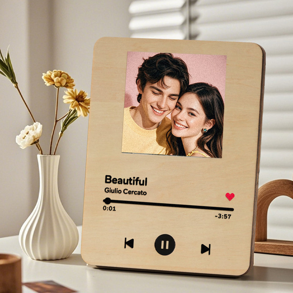 Personalized Photo Wooden Music Record Player Wedding Anniversary Gift for Couples