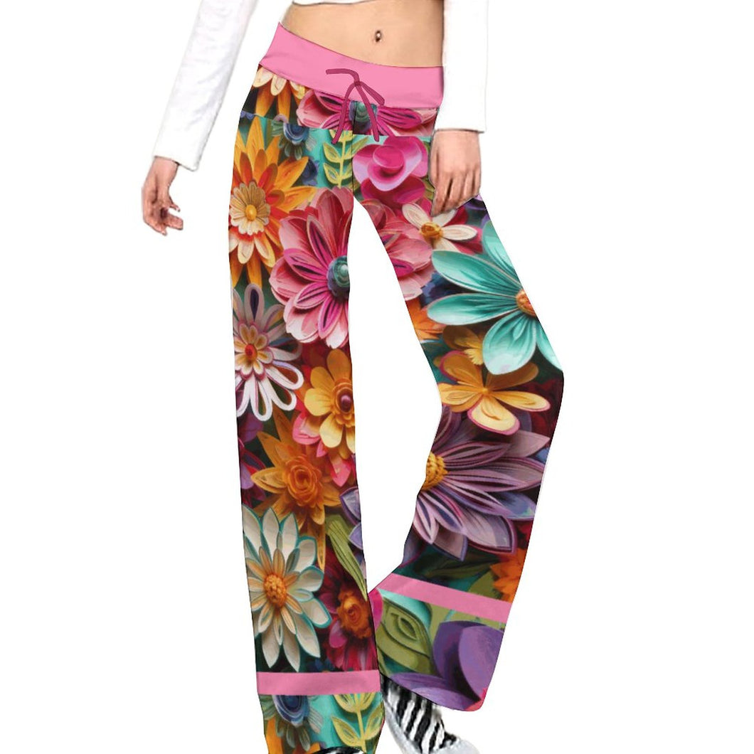 Colorful Floral Pattern Drawstring Yoga Pants  with Straight Baggy (All-Over Printing)