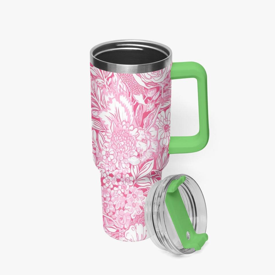 Pink and White Floral Design Pattern 40oz Car Tumbler Cup, Large Water Tumbler with Handle, Gift Idea for Christmas, Birthday, Bestie, Coworker