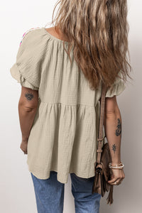 Embroidered Tie Neck Short Sleeve Blouse