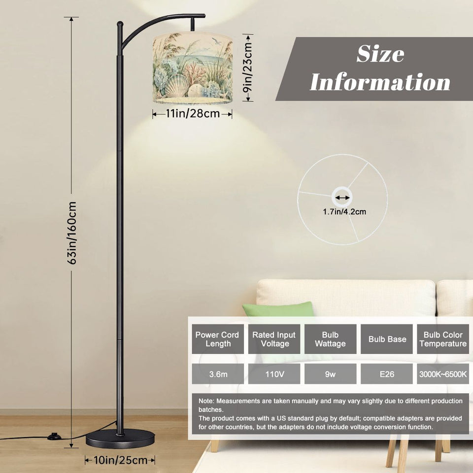 Coastal seashell arc floor lamp with beach grass and hydrangea print shade – view 2