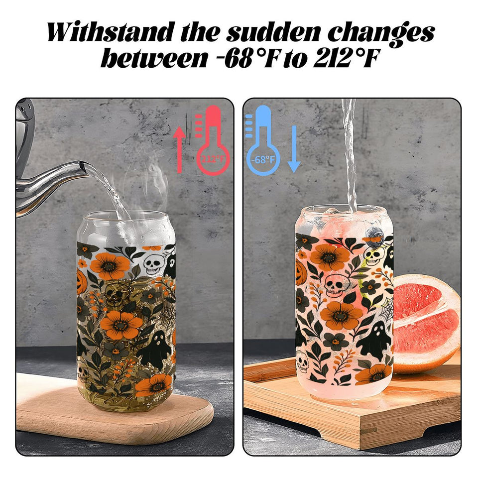 Floral Halloween Spooky Glass Tumbler with Straw & Bamboo Lid  (16oz)