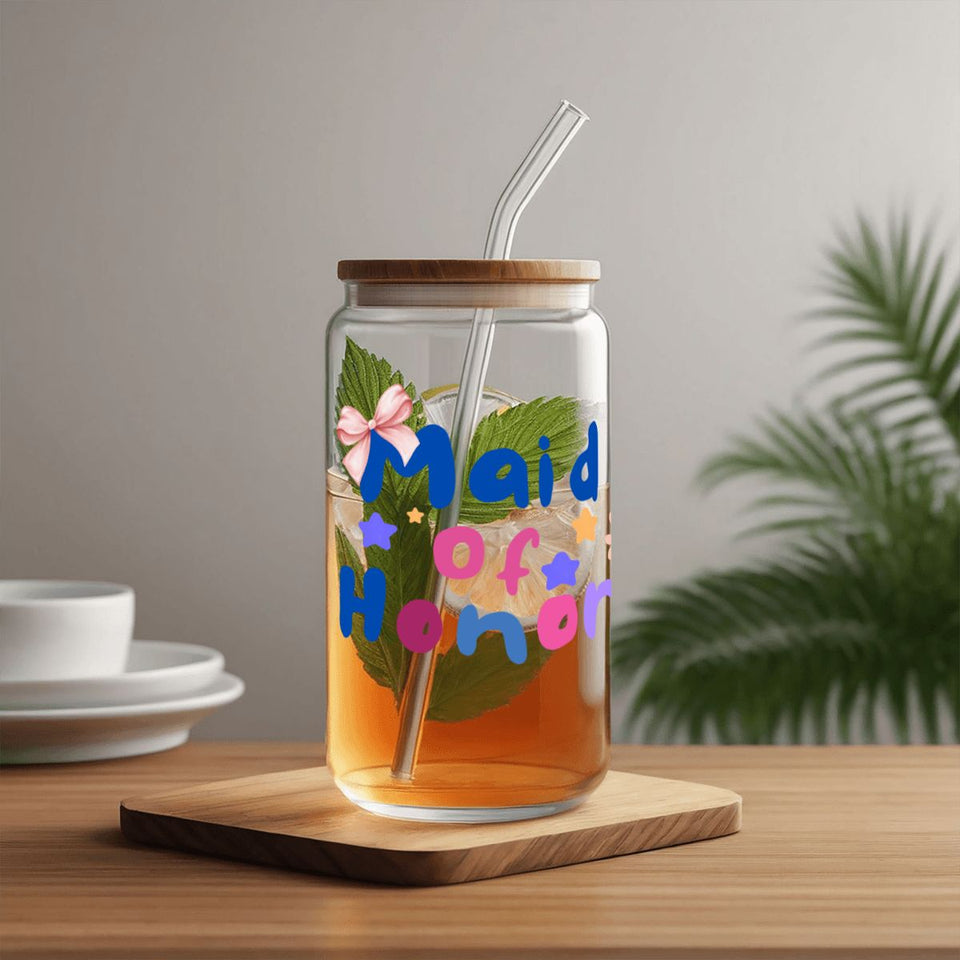 Maid of Honor Glass Tumbler with Straw & Bamboo Lid  (16oz), Bridal Party Gift, 16 ounce glass tumbler