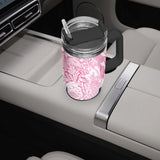 Pink and White Floral Design Pattern 40oz Car Tumbler Cup, Large Water Tumbler with Handle, Gift Idea for Christmas, Birthday, Bestie, Coworker