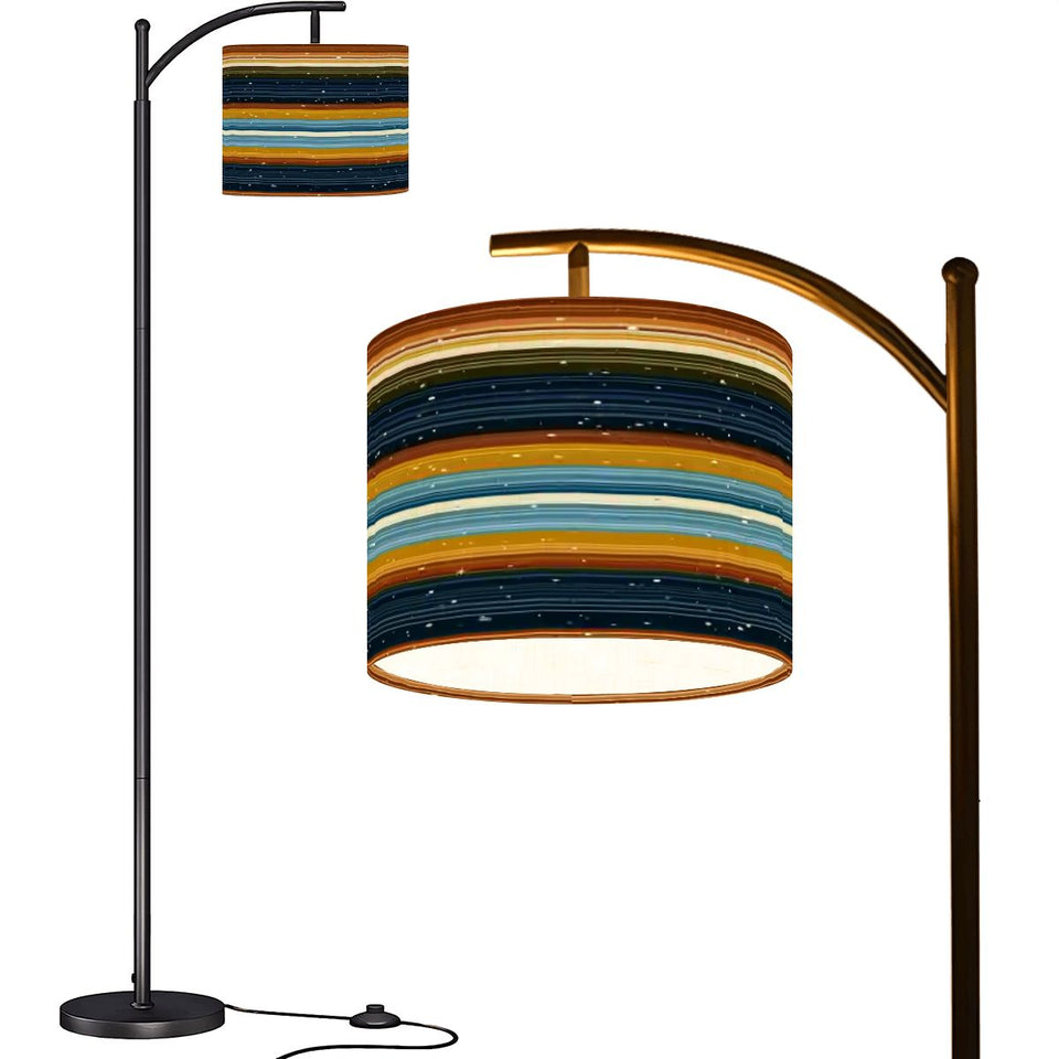 Southwestern Striped Arc Floor Lamp – Custom Linen Shade with Black Metal Base | Designed in Florida, Made in USA