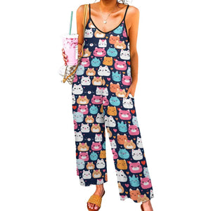 Cartoon Cat Pattern Suspender Jumpsuit LTY007 (All-Over Printing), Cute jumpsuit for Cat lovers