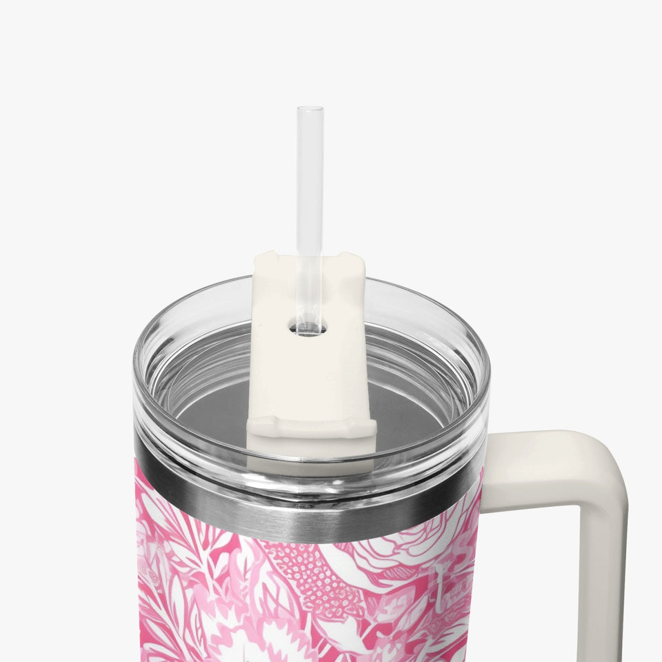 Pink and White Floral Design Pattern 40oz Car Tumbler Cup, Large Water Tumbler with Handle, Gift Idea for Christmas, Birthday, Bestie, Coworker