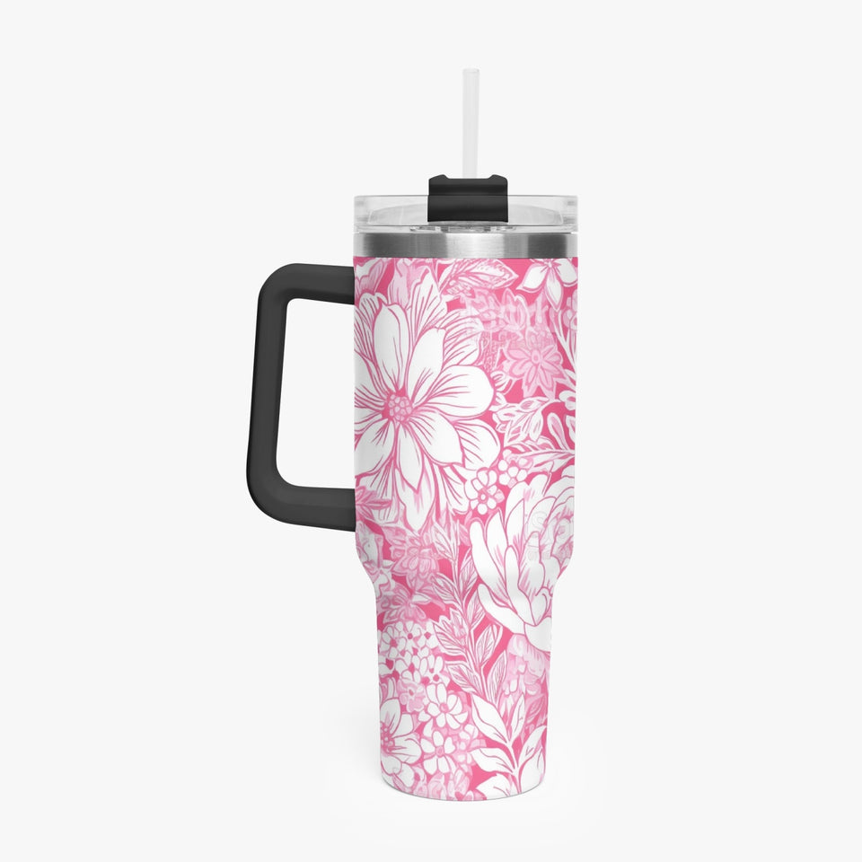 Pink and White Floral Design Pattern 40oz Car Tumbler Cup, Large Water Tumbler with Handle, Gift Idea for Christmas, Birthday, Bestie, Coworker