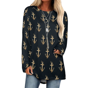 Women's Anchor Blouse, Custom Women's Long Sleeve U-Neck T-Shirts (All-Over Printing)