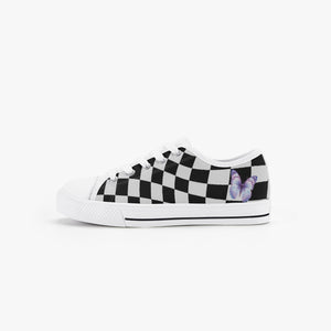 Black and White Wavy Checkerboard. Kid’s Low-Top Canvas Shoes