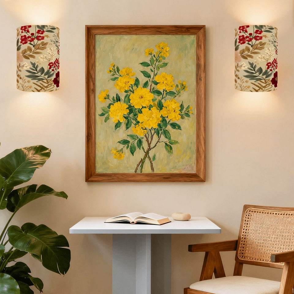 Red & Cream Floral Linen Wall Sconce Lamp – Cordless Remote-Control Accent Light, Set of 2