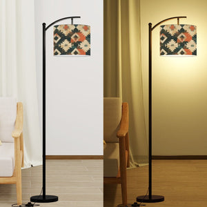 Black Metal Arc Floor Lamp with Linen Aztec Shade – Modern Boho Lighting for Living Room & Bedroom, Made In USA