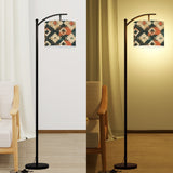 Black Metal Arc Floor Lamp with Linen Aztec Shade – Modern Boho Lighting for Living Room & Bedroom, Made In USA