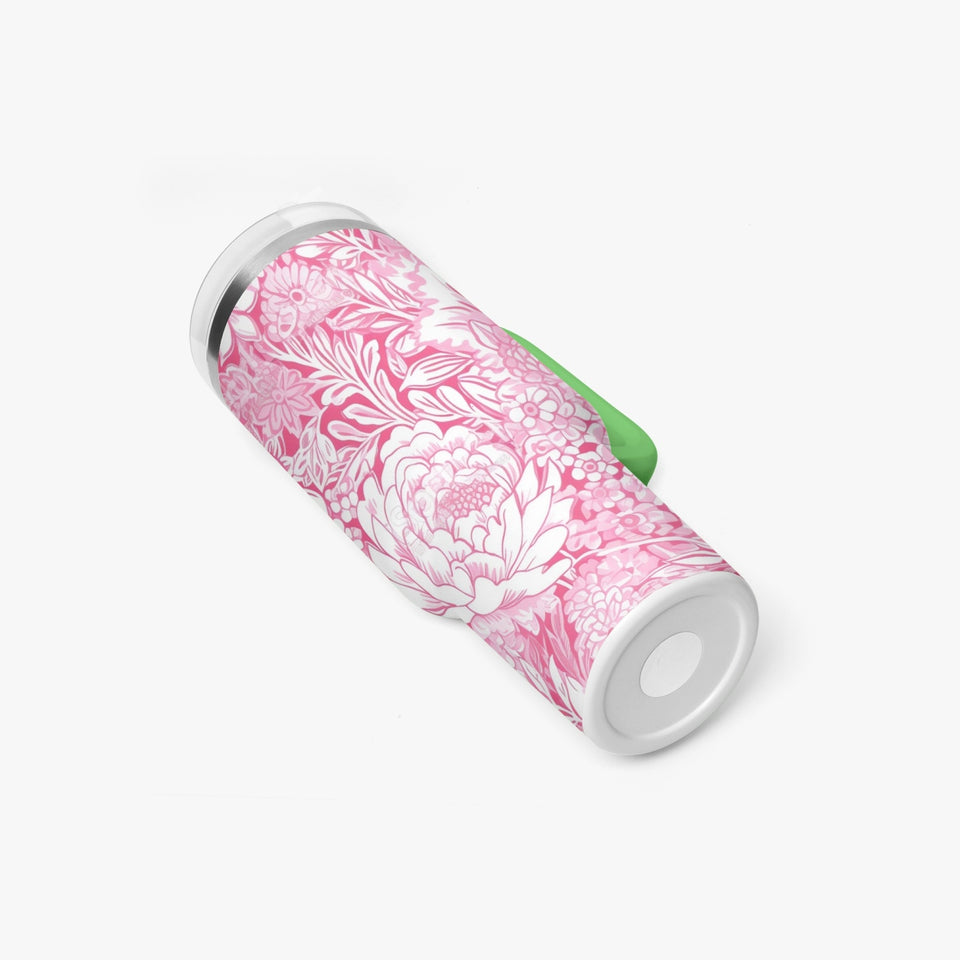 Pink and White Floral Design Pattern 40oz Car Tumbler Cup, Large Water Tumbler with Handle, Gift Idea for Christmas, Birthday, Bestie, Coworker