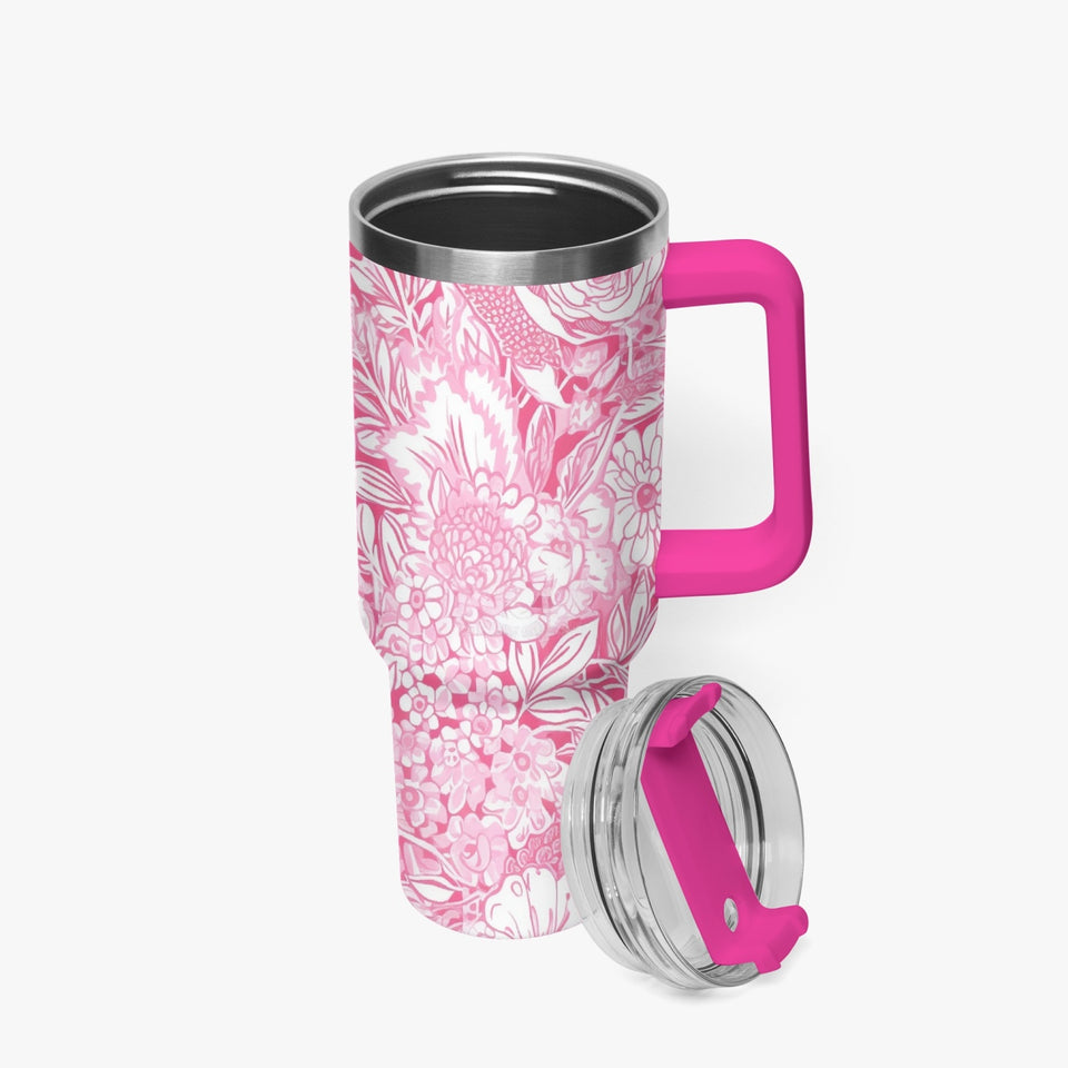 Pink and White Floral Design Pattern 40oz Car Tumbler Cup, Large Water Tumbler with Handle, Gift Idea for Christmas, Birthday, Bestie, Coworker