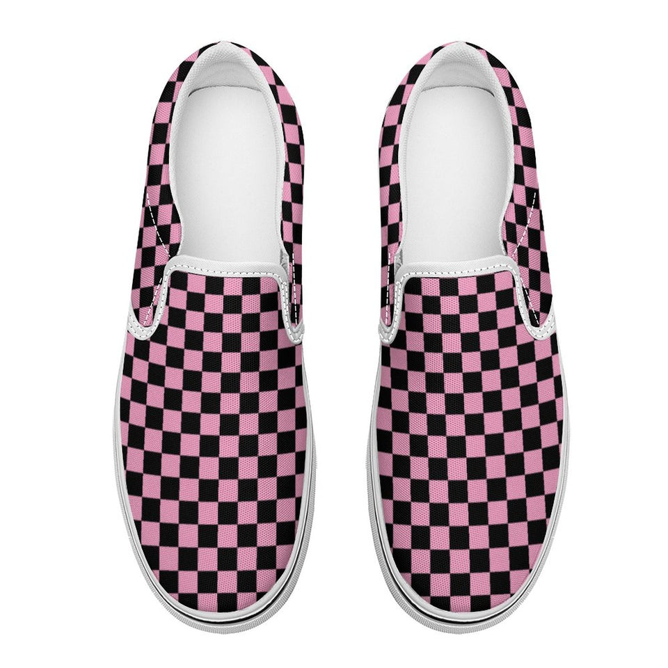 Pink and Black Checkerboard Printed Slip-on Canvas Shoes  Trendy Slip on shoe gift