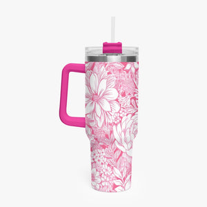 Pink and White Floral Design Pattern 40oz Car Tumbler Cup, Large Water Tumbler with Handle, Gift Idea for Christmas, Birthday, Bestie, Coworker