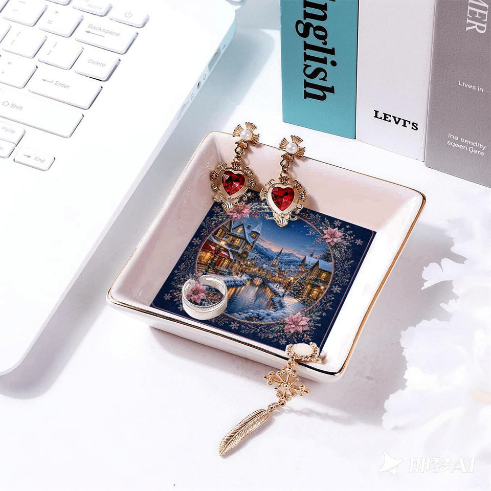 Winter village Mahjong dice dish with gold trim holding jewelry – view 4