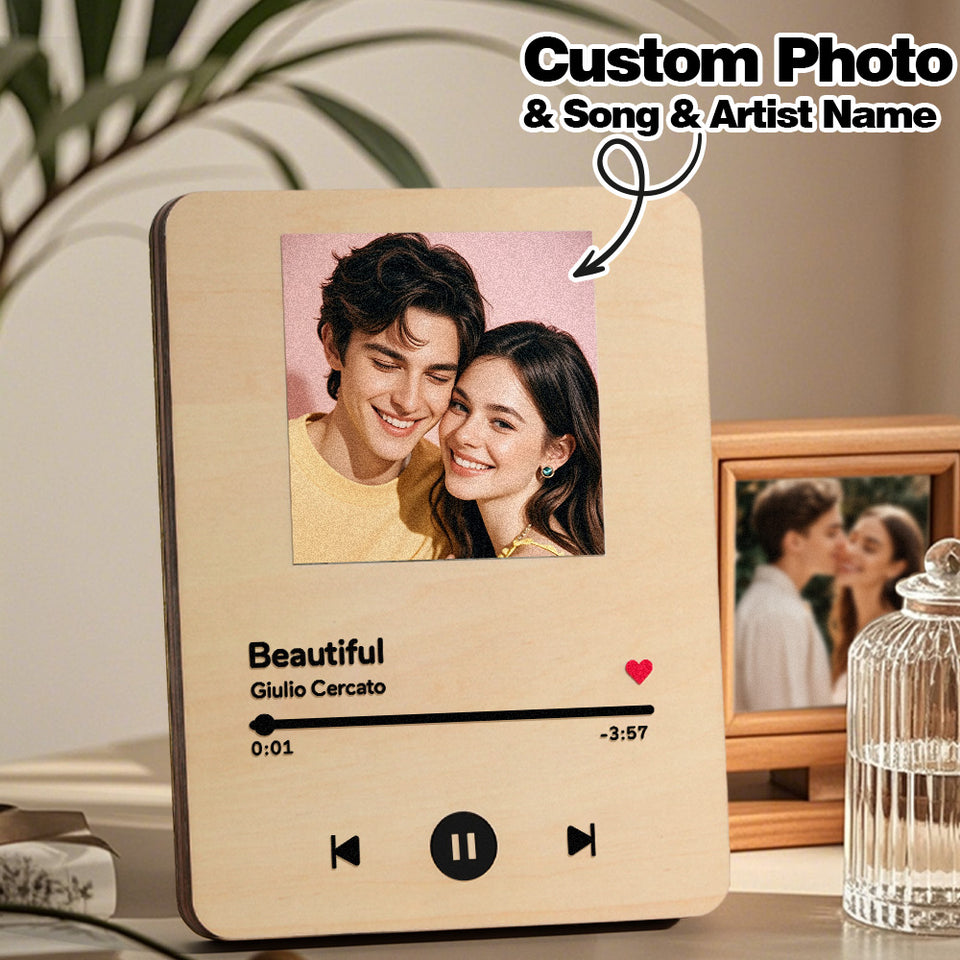 Personalized Photo Wooden Music Record Player Wedding Anniversary Gift for Couples