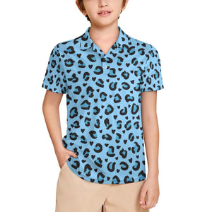 Blue Leopard All Over print Collared Short Sleeved Shirt for Kids,