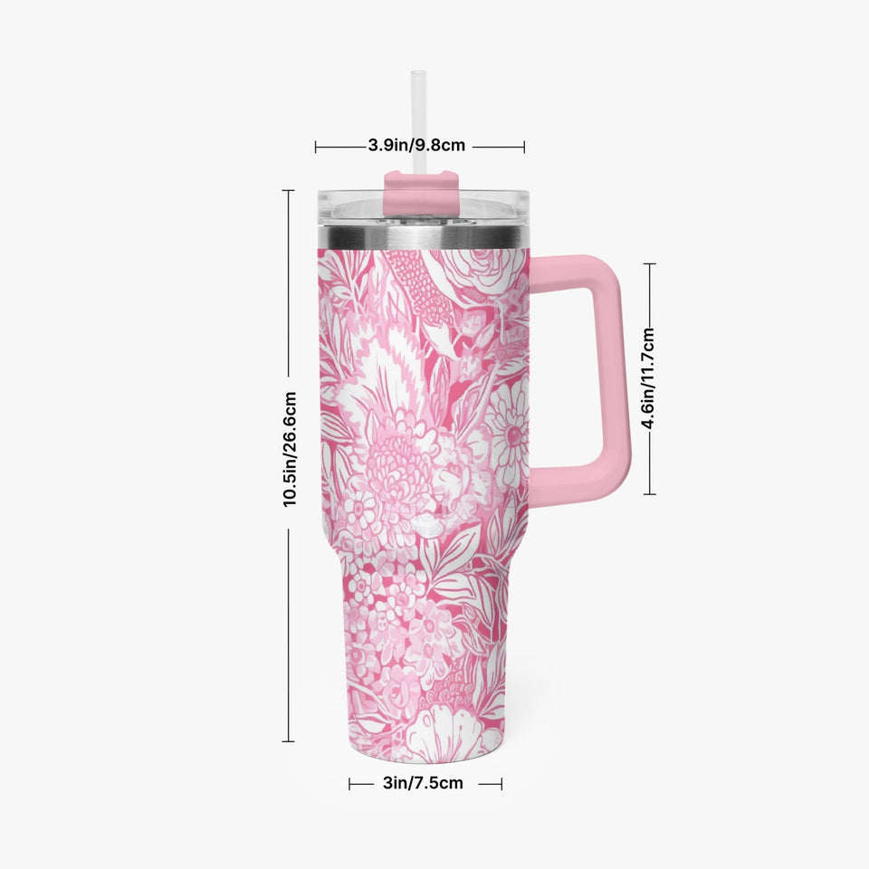 Pink and White Floral Design Pattern 40oz Car Tumbler Cup, Large Water Tumbler with Handle, Gift Idea for Christmas, Birthday, Bestie, Coworker