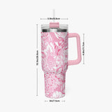 Pink and White Floral Design Pattern 40oz Car Tumbler Cup, Large Water Tumbler with Handle, Gift Idea for Christmas, Birthday, Bestie, Coworker