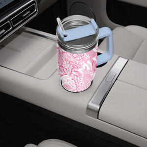 Pink and White Floral Design Pattern 40oz Car Tumbler Cup, Large Water Tumbler with Handle, Gift Idea for Christmas, Birthday, Bestie, Coworker