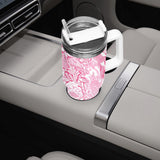 Pink and White Floral Design Pattern 40oz Car Tumbler Cup, Large Water Tumbler with Handle, Gift Idea for Christmas, Birthday, Bestie, Coworker