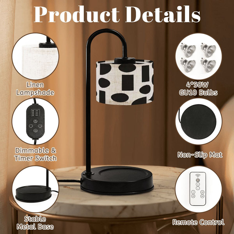 Modern Abstract Candle Warmer Lamp – Black & Cream Geometric Linen Shade | Remote-Control Adjustable Wax Melt Lamp