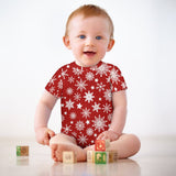 Christmas Snowflakes on a Red One Piece Romper for Baby, Holiday wear for baby ages 3 to 24 months