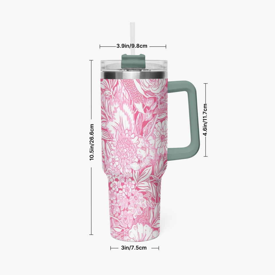 Pink and White Floral Design Pattern 40oz Car Tumbler Cup, Large Water Tumbler with Handle, Gift Idea for Christmas, Birthday, Bestie, Coworker