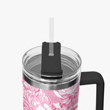 Pink and White Floral Design Pattern 40oz Car Tumbler Cup, Large Water Tumbler with Handle, Gift Idea for Christmas, Birthday, Bestie, Coworker