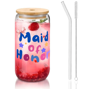 Maid of Honor Glass Tumbler with Straw & Bamboo Lid  (16oz), Bridal Party Gift, 16 ounce glass tumbler