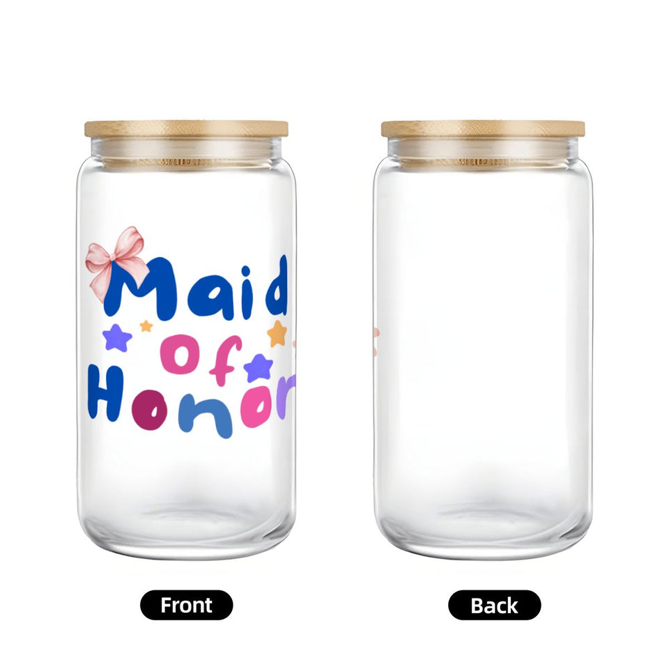 Maid of Honor Glass Tumbler with Straw & Bamboo Lid  (16oz), Bridal Party Gift, 16 ounce glass tumbler