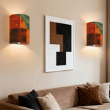 Mid-Century Modern Geometric Wall Sconce Lamp – Set of 2 Burnt Orange & Teal Linen Shade | Cordless Remote-Control Accent Light