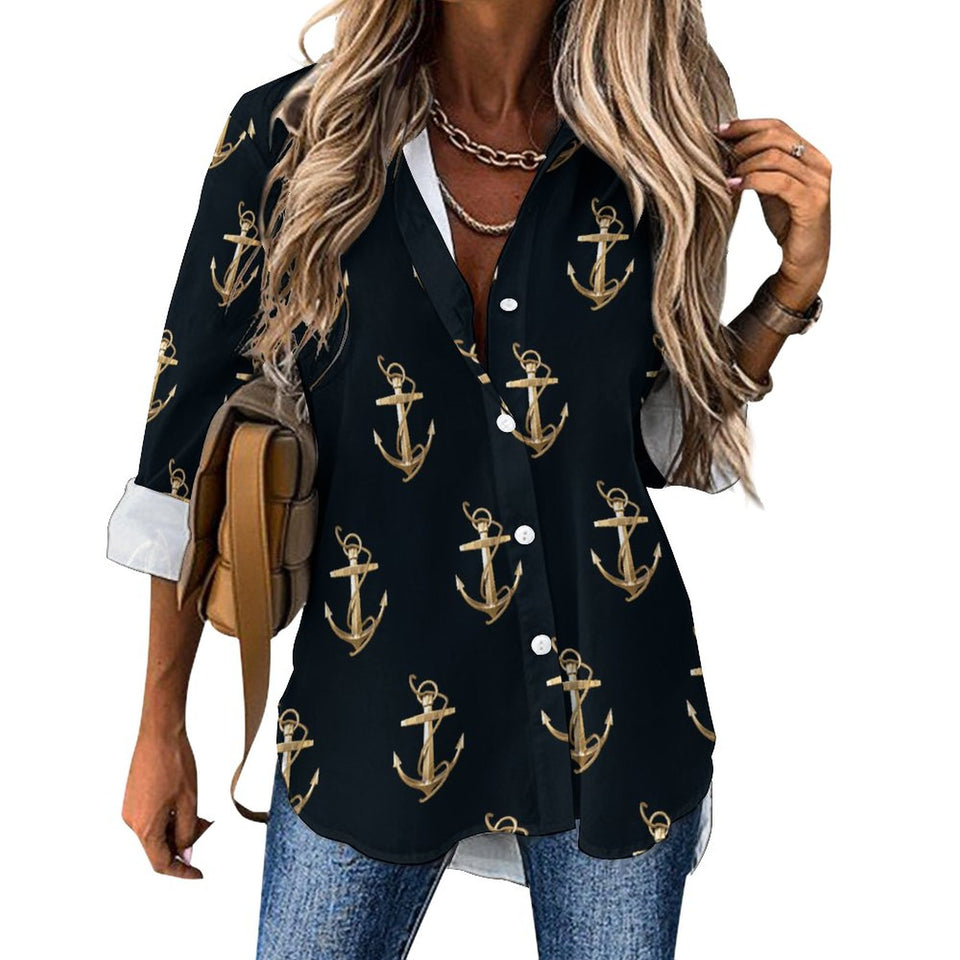 Anchor Pattern Blouse, Women's Irregular Shirt B648 (All-Over Printing), trendy Gift for her