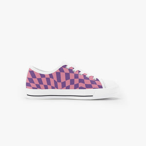 Wavy Checkerboard Pink and Purple Kid’s Low-Top Canvas Shoes, Kid's Sneakers, Trendy shoes for kids