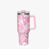 Pink and White Floral Design Pattern 40oz Car Tumbler Cup, Large Water Tumbler with Handle, Gift Idea for Christmas, Birthday, Bestie, Coworker