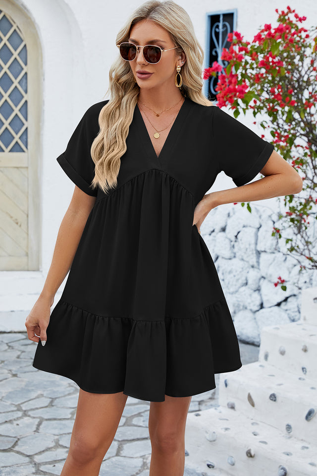 Ruched Tiered V-Neck Short Sleeve Mini Dress