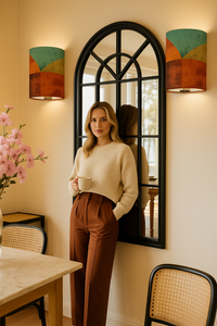 Mid-Century Modern Geometric Wall Sconce Lamp – Set of 2 Burnt Orange & Teal Linen Shade | Cordless Remote-Control Accent Light