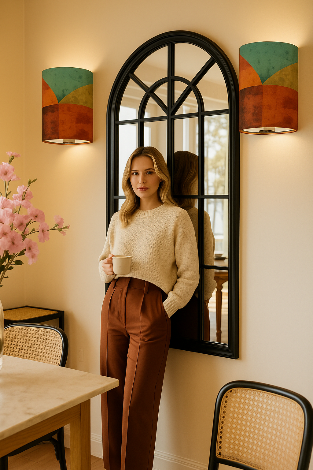 Mid-Century Modern Geometric Wall Sconce Lamp – Set of 2 Burnt Orange & Teal Linen Shade | Cordless Remote-Control Accent Light