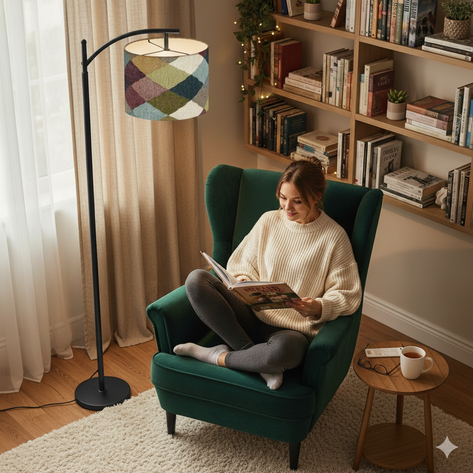 Patchwork Pattern Arc Floor Lamp – Custom Linen Shade with Black Metal Base | Designed in Florida, Made in USA