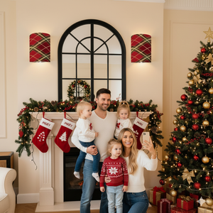 Red Plaid Linen Wall Sconce Lamp – Set of 2 Cozy Christmas Farmhouse Wall Light | Cordless Remote-Control Accent Light