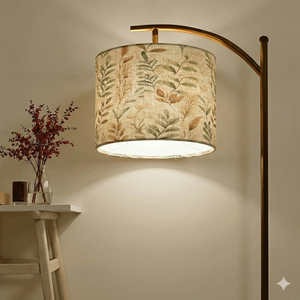 Boho Botanical Arc Floor Lamp – Beige Linen Shade with Leaf Pattern | Cozy Modern Lighting Floor Lamp (Made in USA), Home Decor Lighting, Standing Floor Lamp