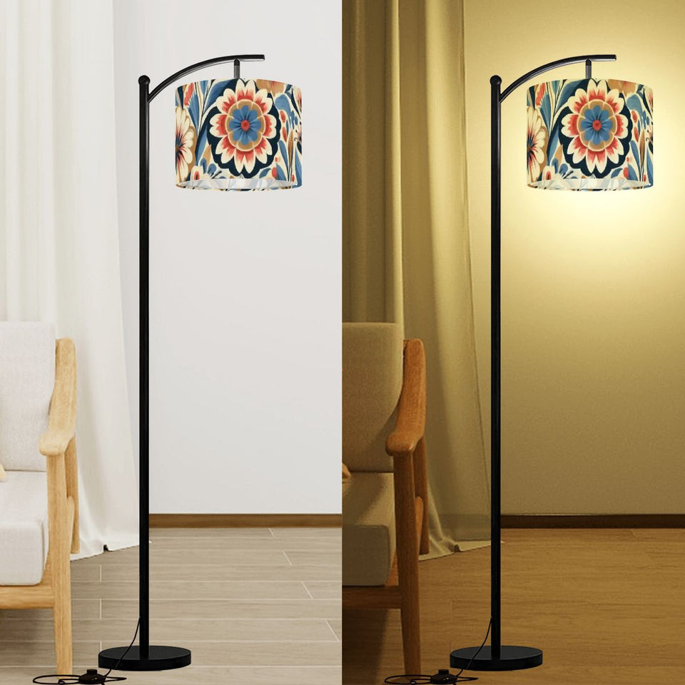 Boho floral drum lamp shade with ring in navy, coral and cream – view 7