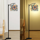 Boho floral drum lamp shade with ring in navy, coral and cream – view 7