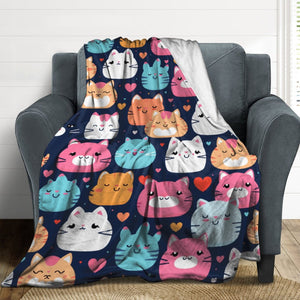 Cartoon Cats Flannel Throw Blanket, 250gsm  Blanket-60"x80", unique gift idea for her, gift for baby, kids, cat lovers