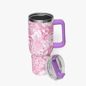 Pink and White Floral Design Pattern 40oz Car Tumbler Cup, Large Water Tumbler with Handle, Gift Idea for Christmas, Birthday, Bestie, Coworker